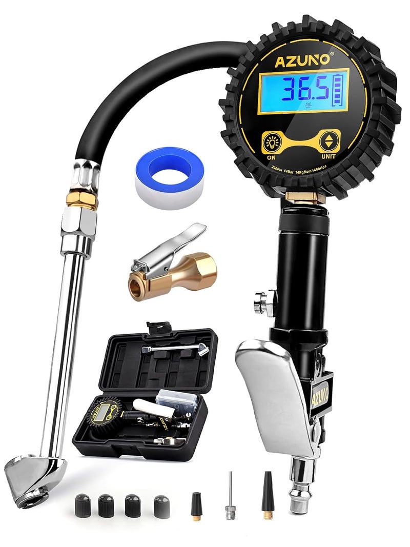 AZUNO Digital Tire Inflator with Pressure Gauge, 200 PSI, Heavy Duty Air Compressor Accessories, with Rubber Hose Lock on Air Chuck and Quick Connect Coupler, Comes with a Portable Carrying Box - Image 1